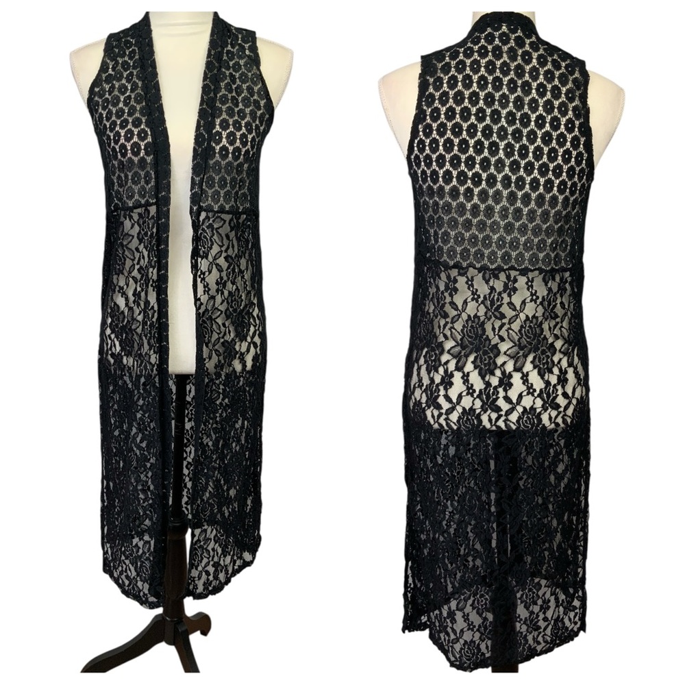 Daytrip XS Black‎ Sheer Lace Sleeveless Duster Open Whimsy Goth Dark Romantic